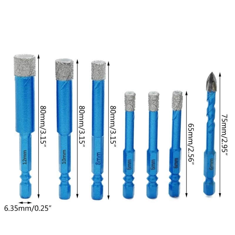 7 pezzi punte diamantate per carotaggio set punte per piastrelle a tazza brasata sotto vuoto codolo esagonale per in