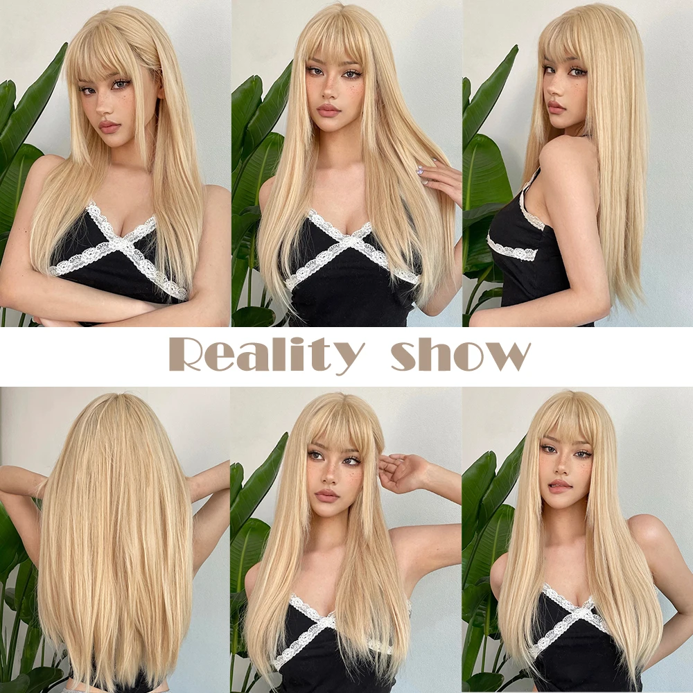 HENRY MARGU Long Straight Blonde Wigs Synthetic Natural Hair Wigs with Bangs for Women Lolita Cosplay Wig Heat Resistant Fiber