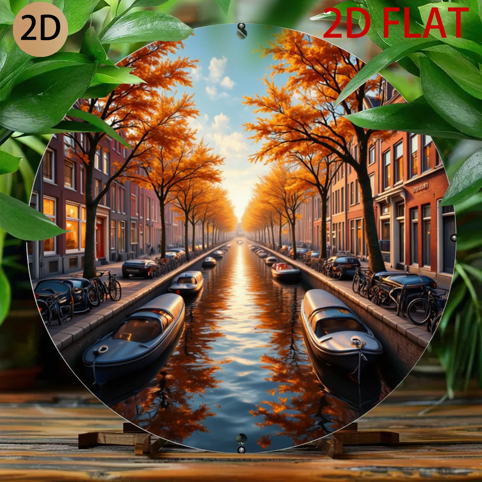 2D Flat, 2d Flat Autumn Amsterdam Canal Metal Sign Vintage Round Wall Art Scenic Boats and Orange Trees Decor for Home Patio Caf