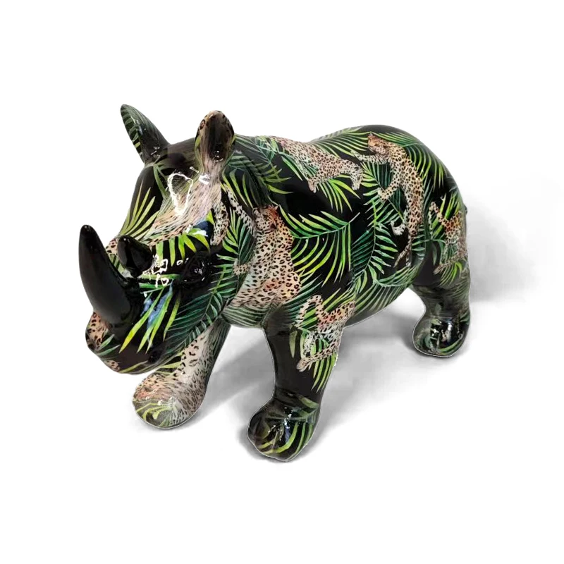 Noric Color Rhinoceros Statue Abstract Graffiti Animal Model Rhino Resin Sculpture Home Office Crafts Decors Desktop Ornaments