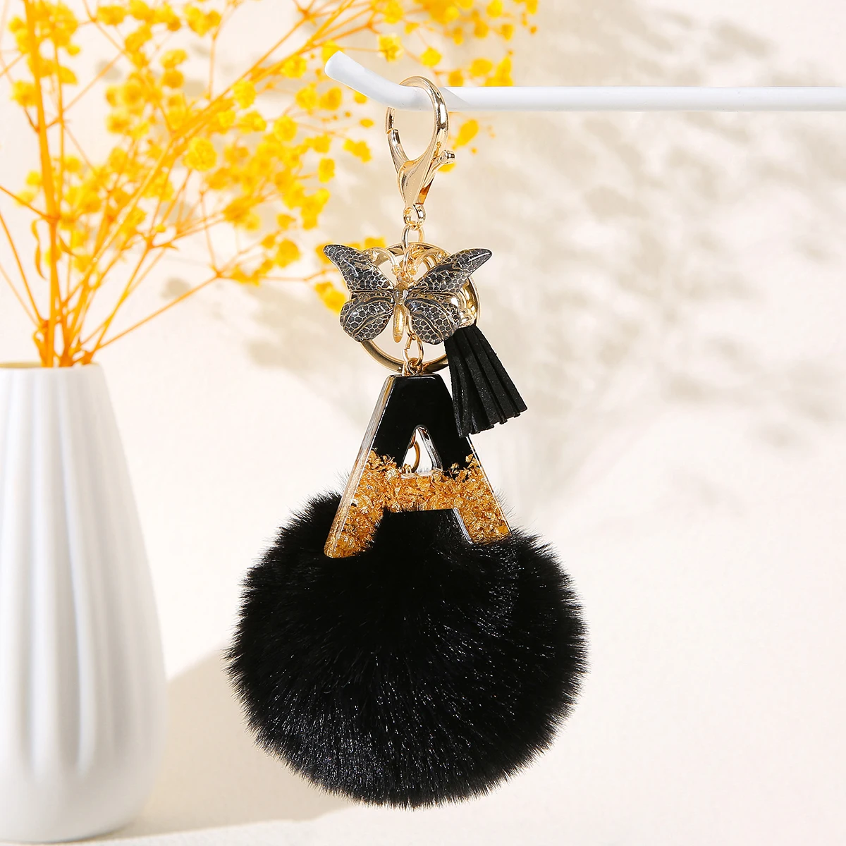 

black Adorable A-Z Alphabet Initial Letter Pom Pom Keychain Backpack Charm Pendant - Perfect Gift for Women gentleman Pupil