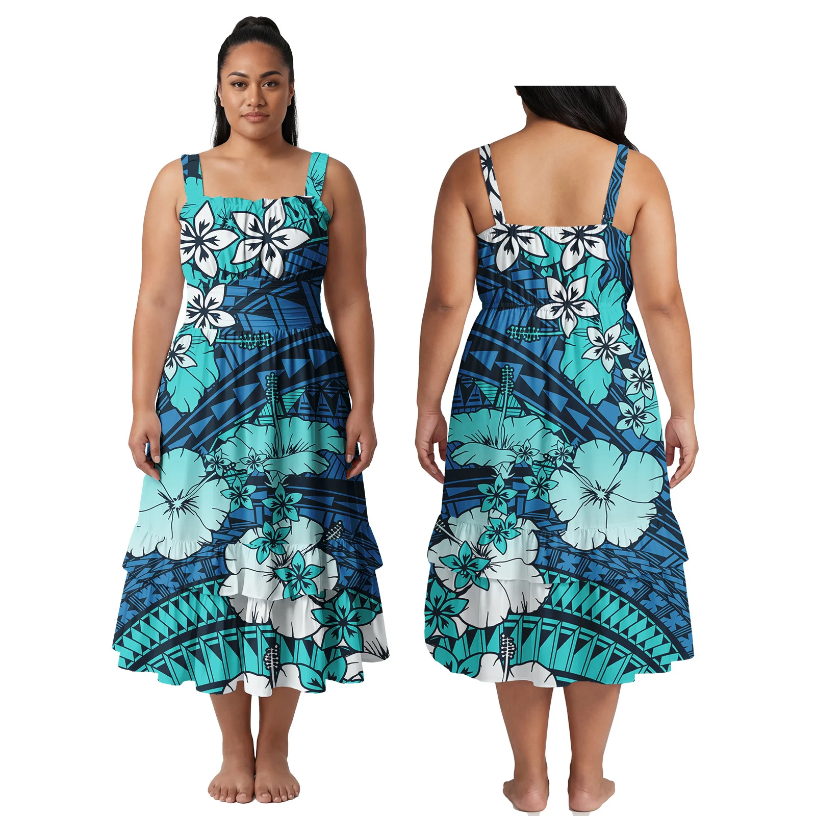

Hibiscus Print Custom Image Women Clothing Tropical Aloha Dress Samoan Tiered Halter Midi Skirts Polynesian Fashion Ladies Wear
