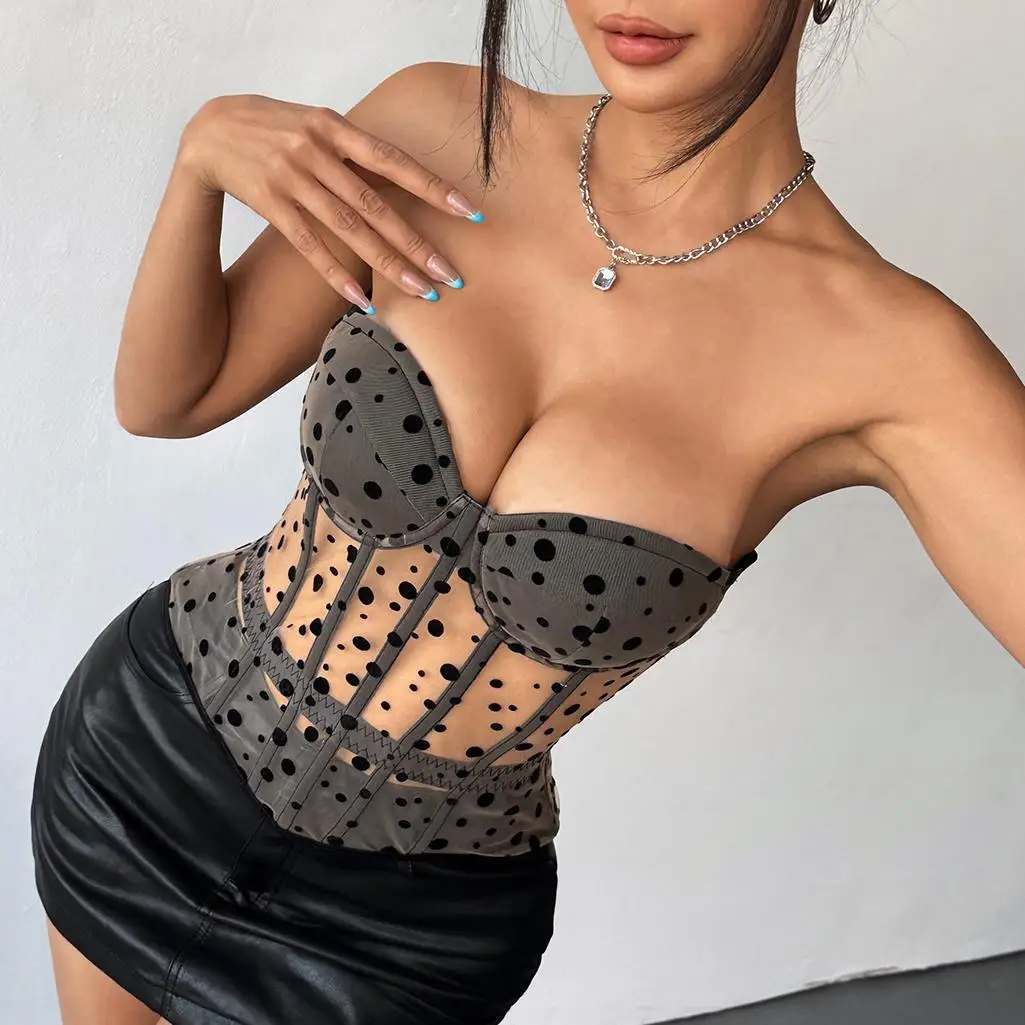 

Sexy Dot Mesh Corset With Bones Tank Tops Back Strap Women Bodyshaper Sleeveless Crop Top Camisole Fit Vest Summer Trend Outfits