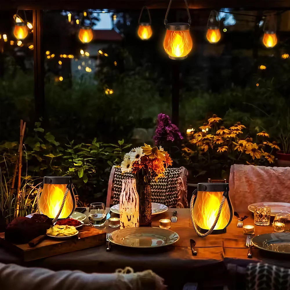 F9 2PC Outdoor Waterproof Solar Flame Lamp with Type-C Charging Simulation Flickering 3D Flame Rope Hanging Light Patio Decor