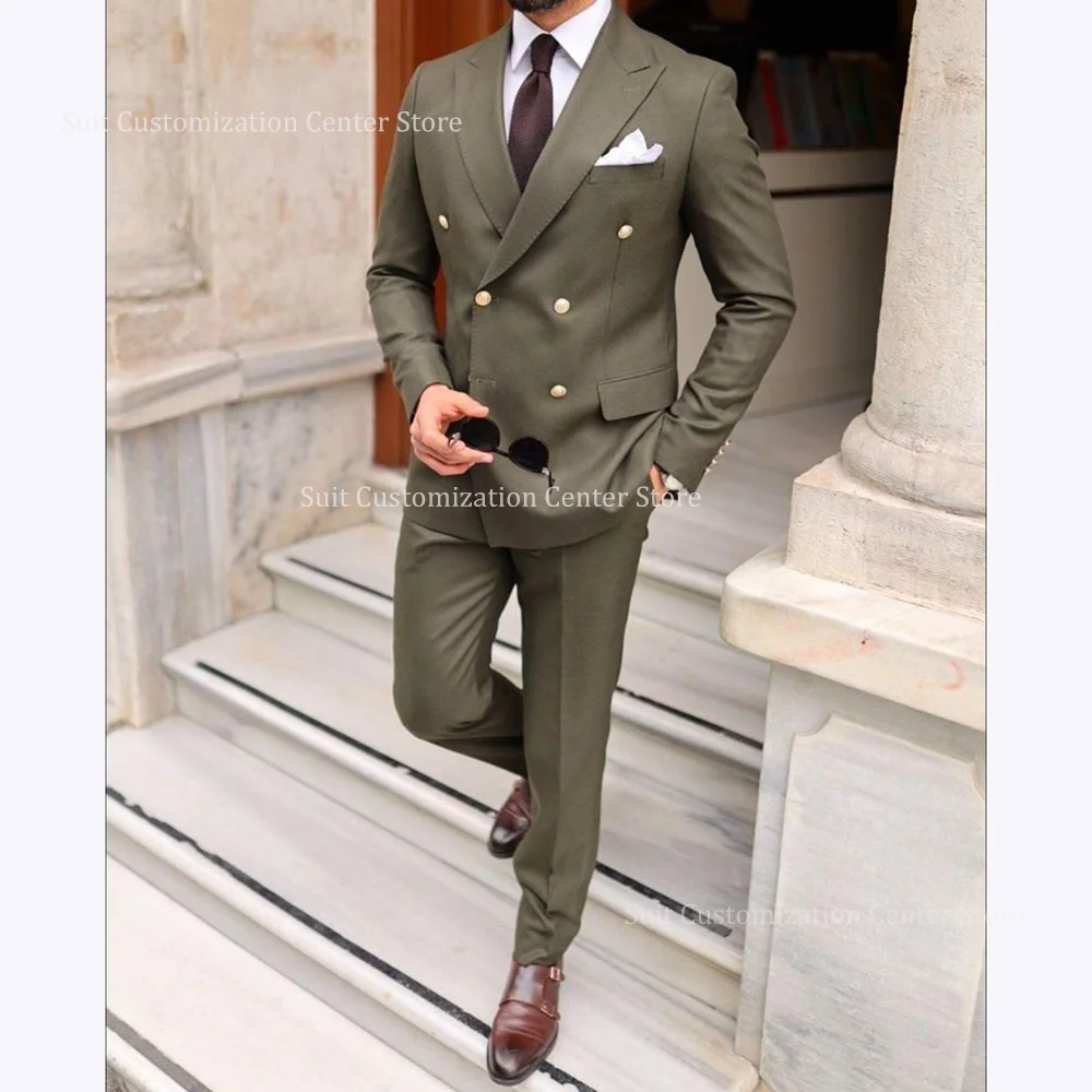

New Fashion Suits For Men Chic Double Breasted Peak Lapel 2 Piece Jacket Pants Special Occasion Formal Party Casual Male Outfit