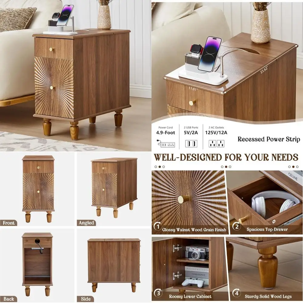 Slim Wooden Bedside Table with Charging Station and Drawer