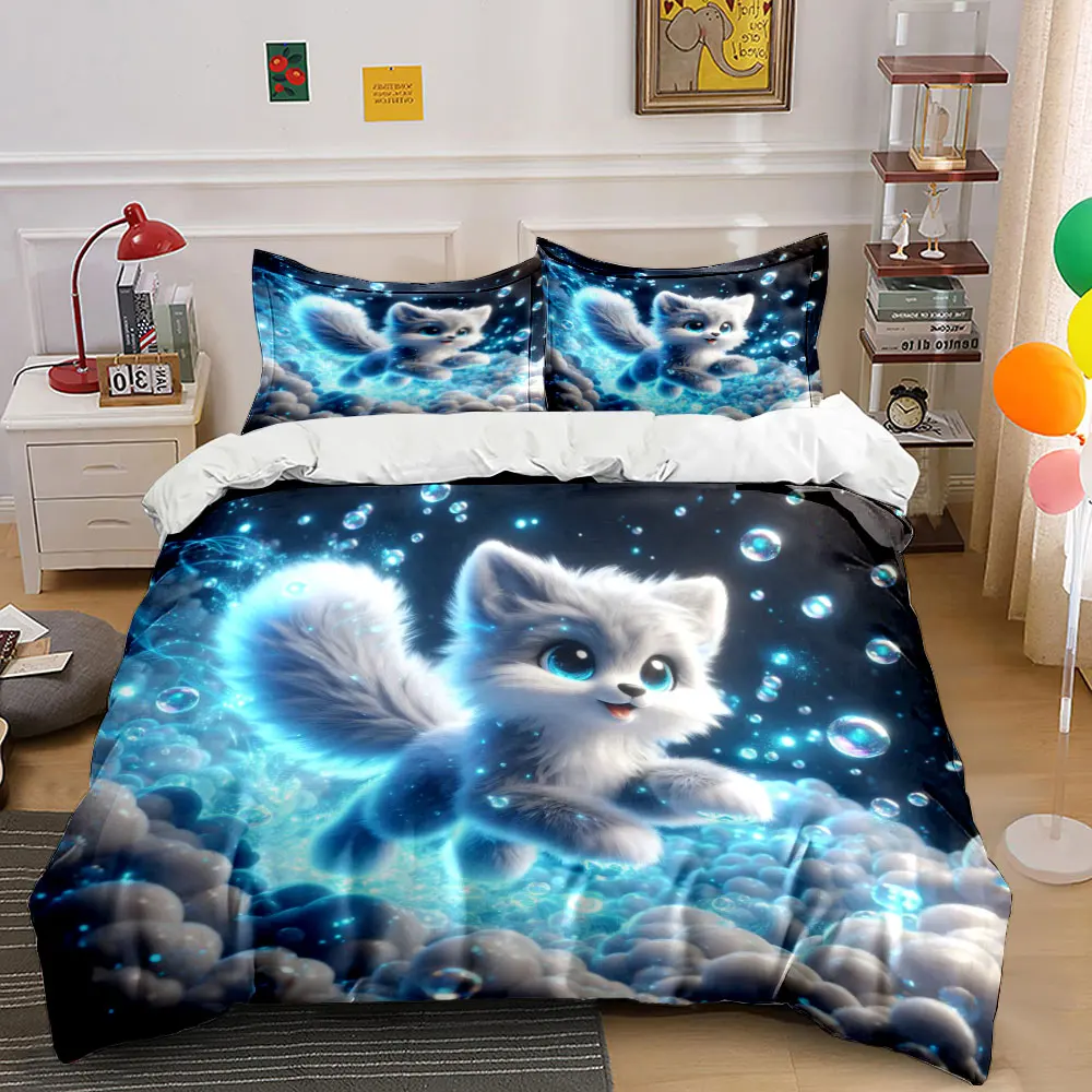 Adorable fox in glowing bubbles Printed Duvet Cover Set1 Duvet Cover+2 PillowcaseMulti Size Bedroom Bedding Decor