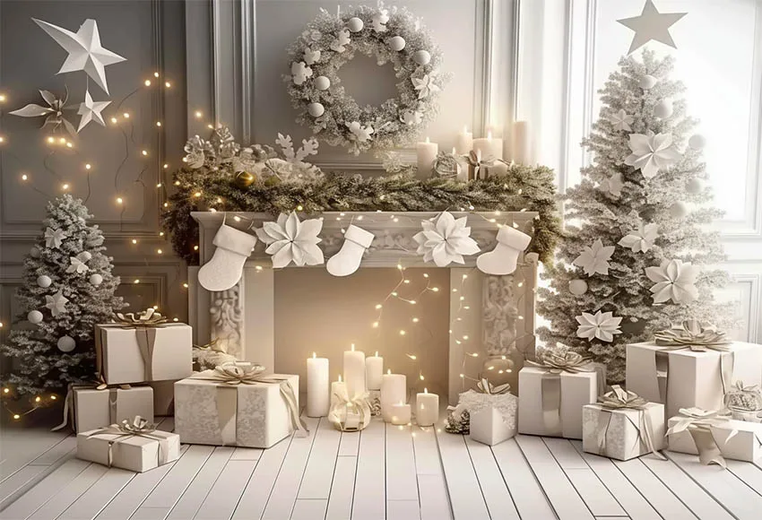 Mehofond ฉากหลังถ่ายรูป, พวงมาลัยเตาผิงสีขาวภาพเทศกาลครอบครัวภาพเหมือนต้นคริสต์มาสดาวของขวัญสำหรับตกแต่งพื้นหลังสตูดิโอถ่ายภาพ