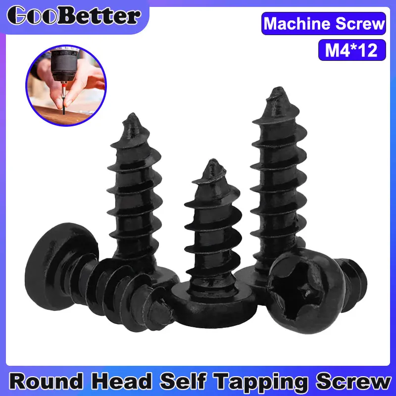 10Pcs Cross Phillips Self-Tapping Screw M4X12 Round Head Wood Screws Laptop Accessories Repair Tool Black Tornillos Parafusos