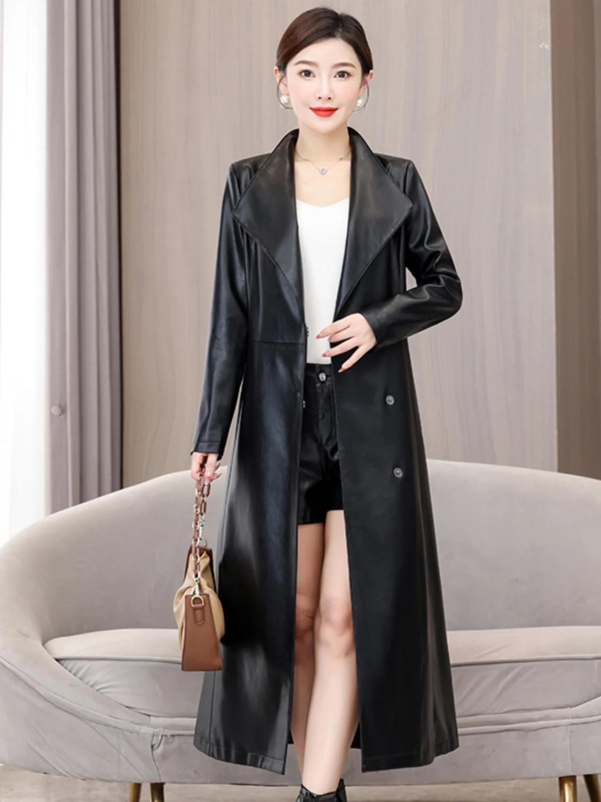 Giacca in Pelle da Donna Slim Fit a Metà Coscia, Nuova Collezione Primavera, con Cintura e Scollo a V, Maniche Lunghe