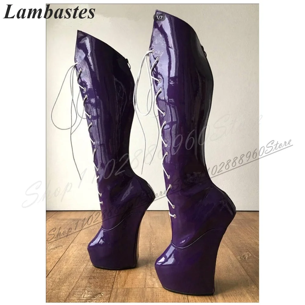 

Solid Knee High Cross Tied Purple Platform Boots Strange Style Heel Shoes For Women Back Zipper Round Toe 2024 Zapatillas Mujer