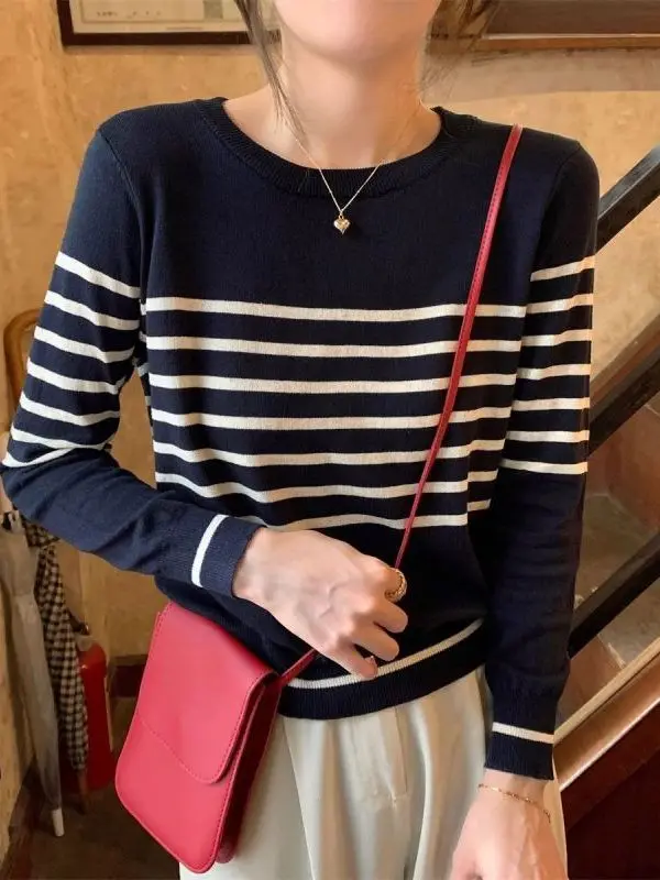 

Женский полосатый трикотаж Long Sve, осенне-зимняя верхняя одежда irt Sli, универсальный, удобный крой, мягкий, средний, тонкий