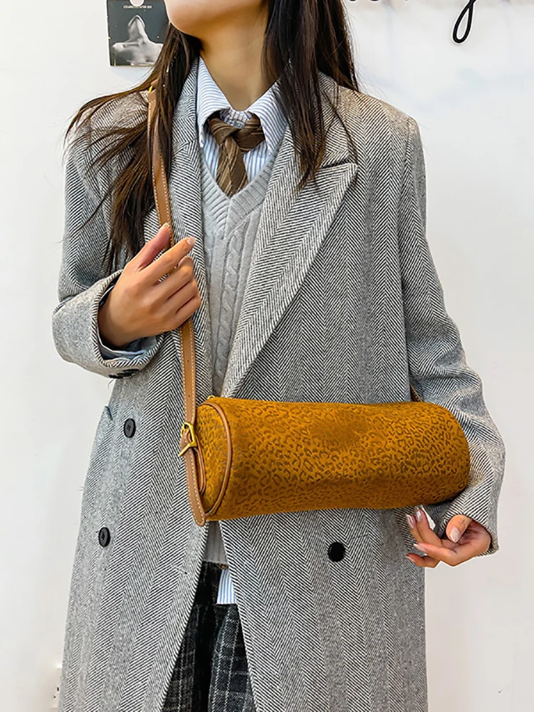 Suede Cylinder Crossbody Bag Women Vintage Large Capacity Shoulder Bags Solid Color Casual Daily Handbags Retro Mini Barrel Pack