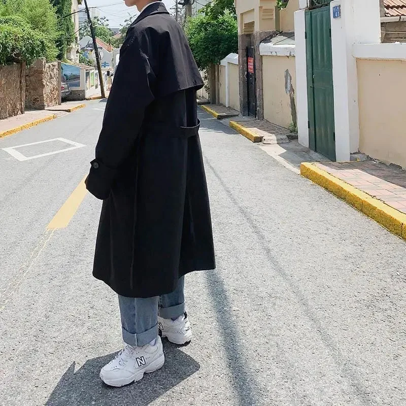 Autumn Winter Long Windbreaker Men's Korean Version Loose Versatile Handsome British Over The Knee Coat Double Breasted Jacket