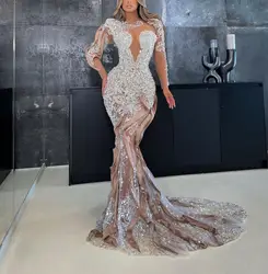 Luxury Mermaid Evening Dresses Long Sleeves V Neck Sequins Sexy Appliques Diamonds Lace Hollow Plus SizeProm Dresses Custom Made