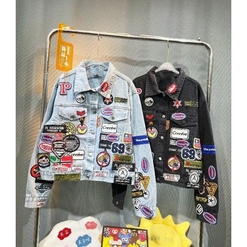 

Джинсовая куртка в стиле ретро с принтом Bae Label, женская, свободного кроя, осенняя, уличная, из искусственной кожи, с эффектом состаривания