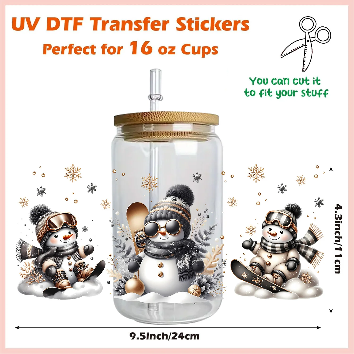 Chibi Snowman Cartoon Art Design 16oz UV DTF Cup Wrap 3D Transfer Stickers Custom Labels Snow Man Sticker For Libbey Glass Cup