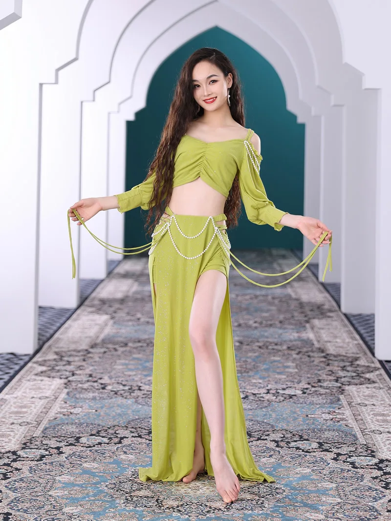 Belly Dance Court Style lantern Practice Clothes Pearl Mmbellishment Hollow High Slit Sexy Long Skirt Stage Performance