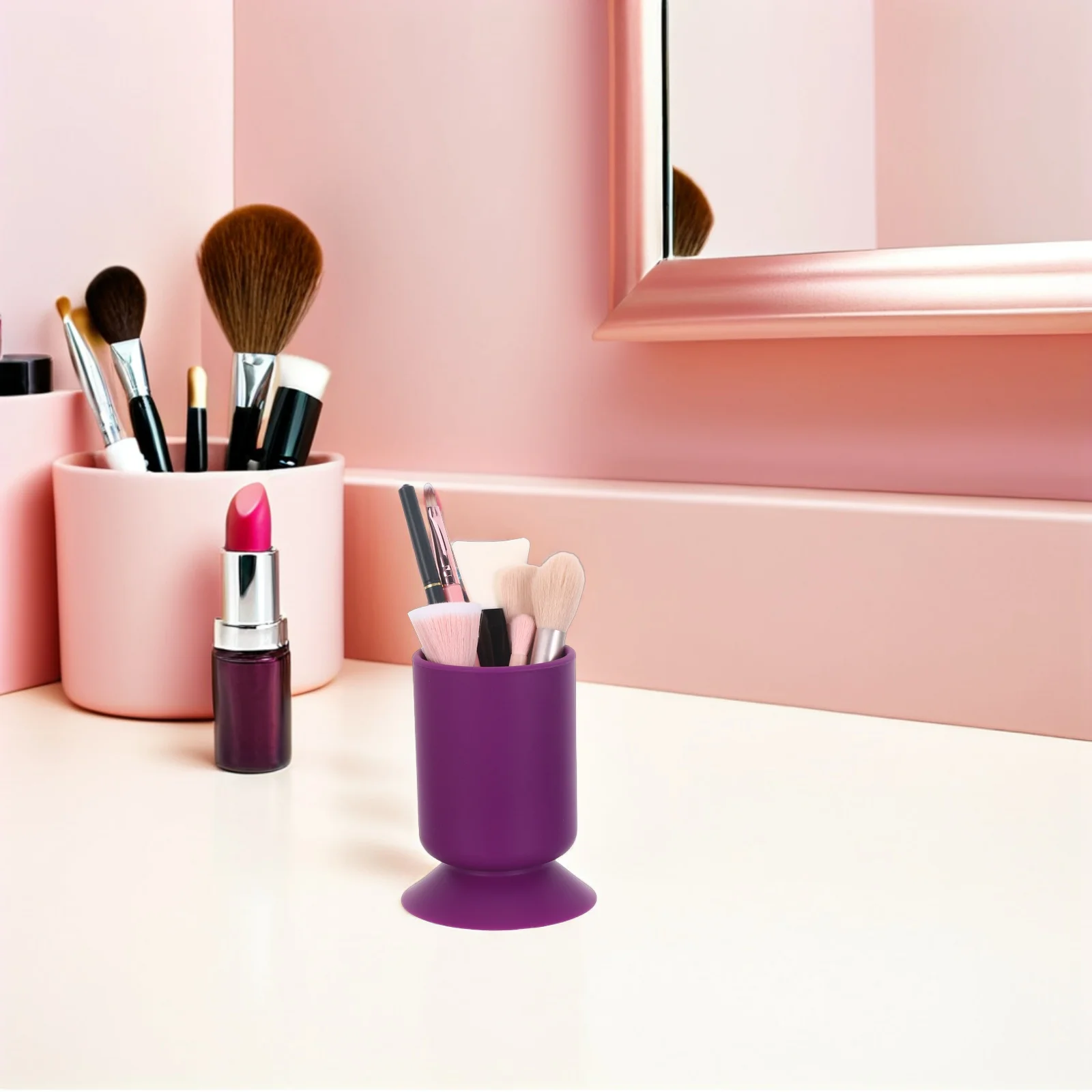 

Suction Cup Silicone Desktop Pen Holder Purple Makeup Brush Organizer Stable Container Scissor Storage Jar Brush Stand