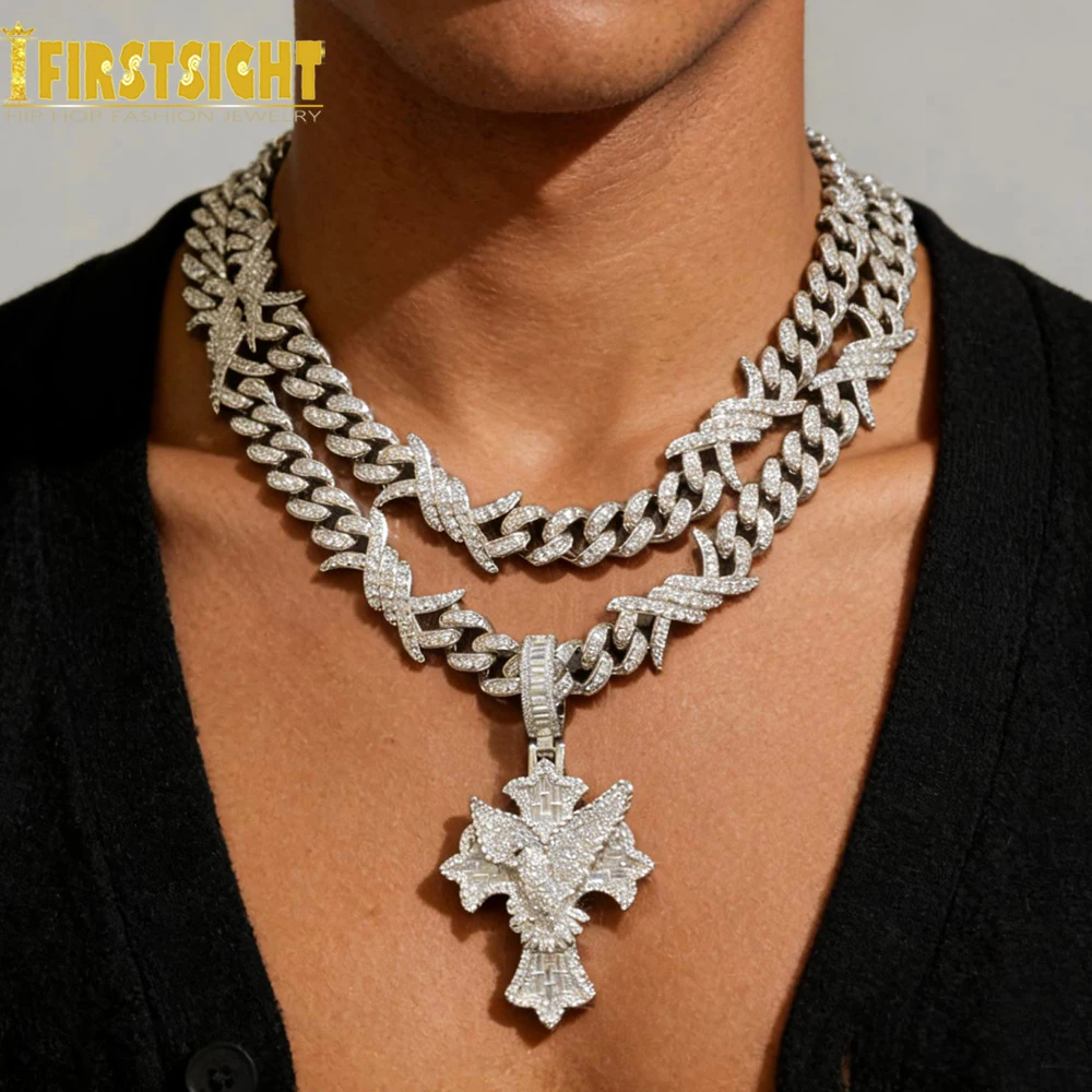 Iced Out Eye Maltese Cross Peace Dove Necklace for Men 12MM Barbed Wire Cuban Chain Cubic Zirconia Charm Hip Hop Jewelry