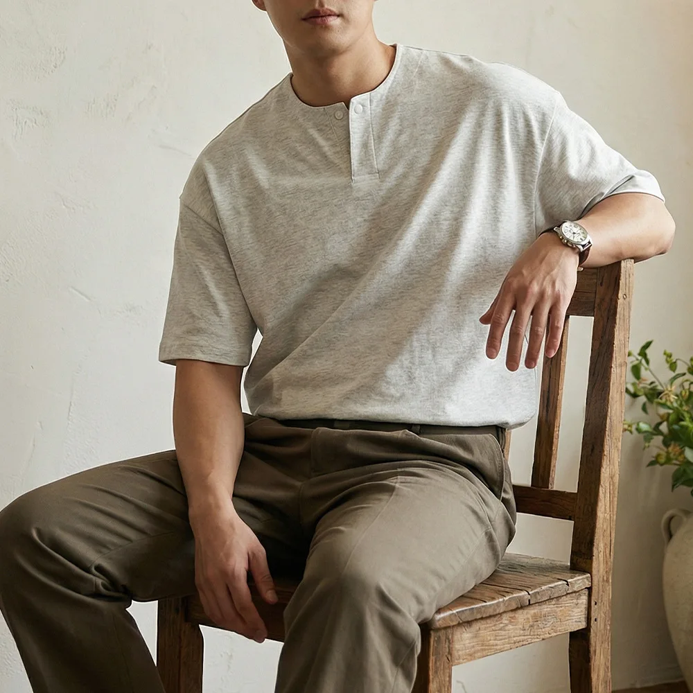 Short Sleeve T-Shirt Men's Henry Collar 180g Open Twill Cotton 2026 Summer New Half Sleeve