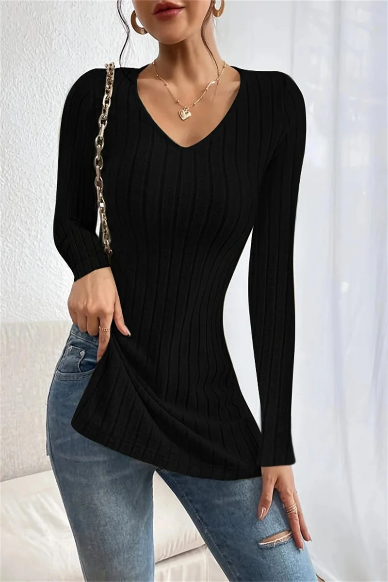 Women\'s Fashion V-neck Side Split Pit Strip Long sleeved T