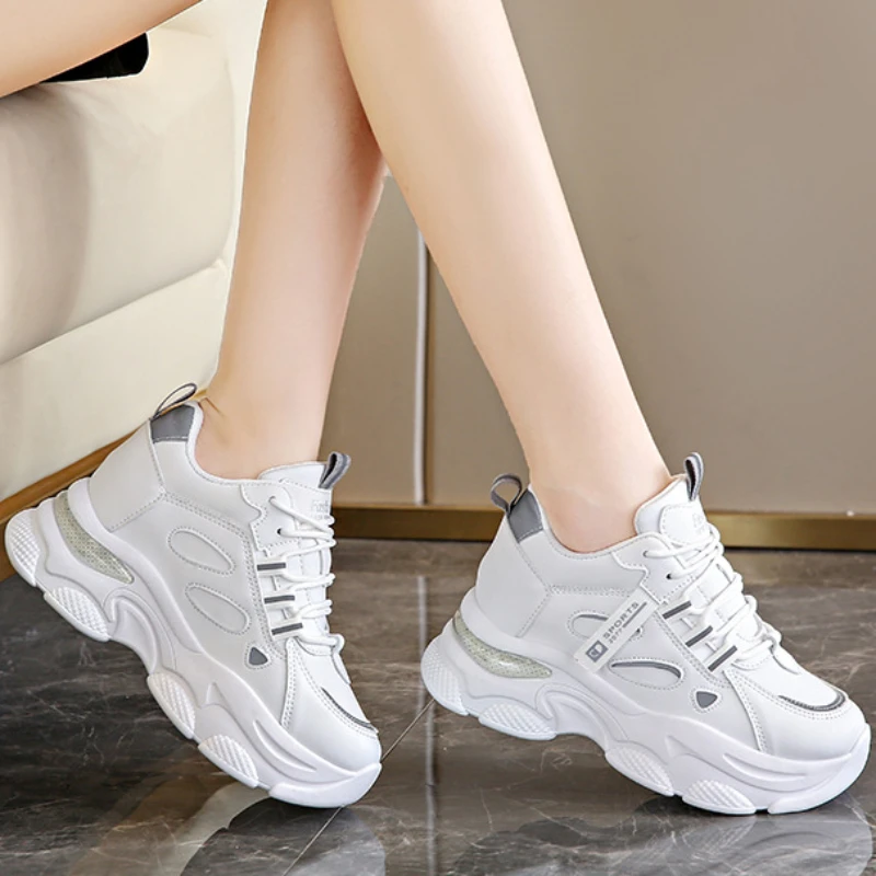 Inner Heightening Dad Shoes Women's Lightweight Thick Sole Sneakers 2024 New Autumn Female Leather Waterproof Casual Sport Shoes