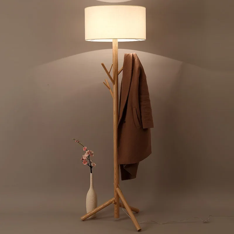 Solid Wood Tree Branch Clothes Hanger Floor Lamp Bedroom Living Room Vertical Floor Light Fabric Lampshade LED Bedside Lamp