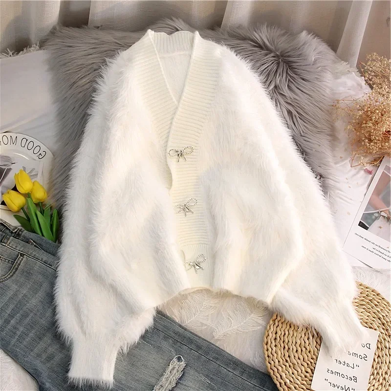 

Autumn/Winter Women's Coats Thick Solid Fleece Sweater Coat V-neck Full Lantern Sleeve Solid Bow Single breasted Knit Cardigan