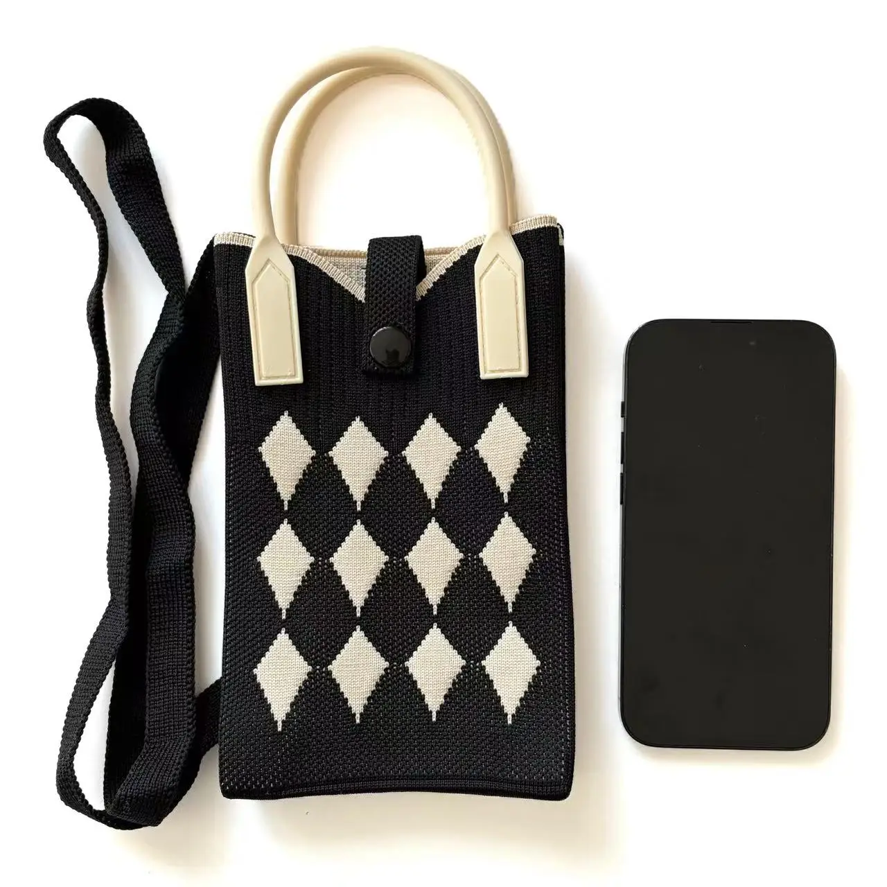 Chic Knit Crossbody Bag, Black White Checkered&Houndstooth Pattern, Retro French Style, Adjustable Strap&Wrist Strap Purse