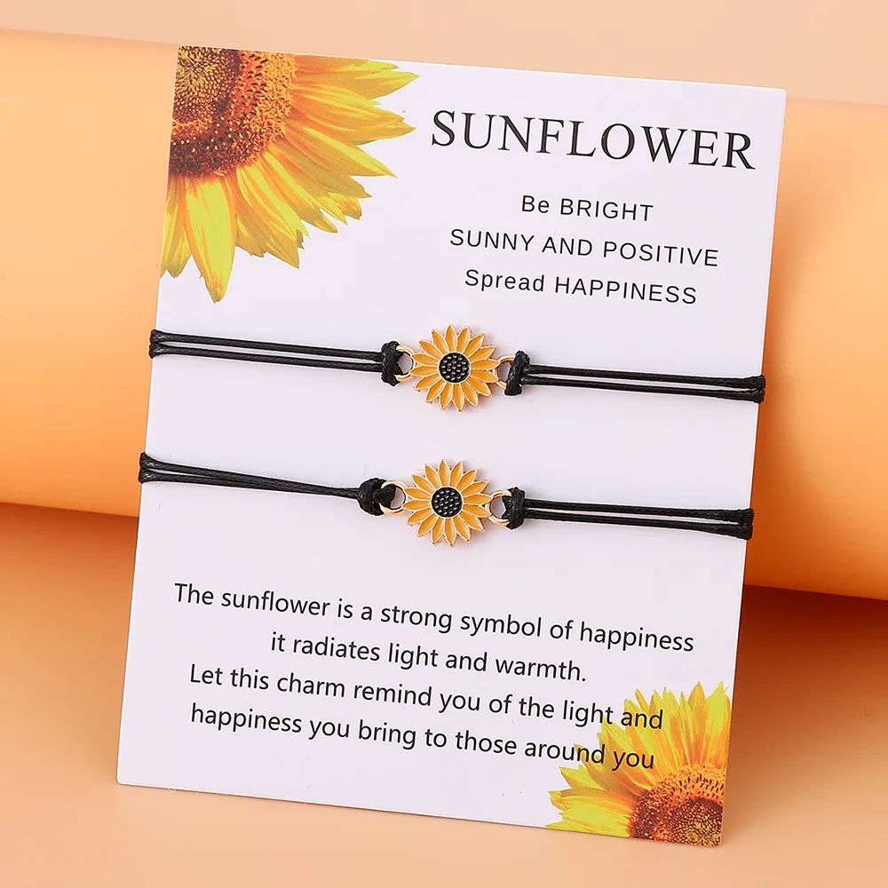 100 sets Fashionable Sunflower Wax Silk Weaving Beautiful Daisy Jewelry Friendship Couple Sunflower Card+Bracelet