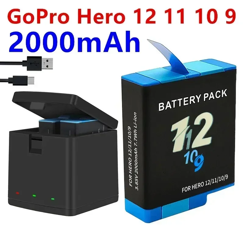 For GoPro Hero 12 11 10 2000mAh Battery +LED 3-Slots Charger For GoPro Hero 12 Go Pro 10 hero 11 Sport Cameras