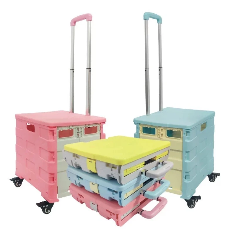 Portable Foldable Shopping Cart Food Vegetables Basket Travel Luggage Books Sundries Folding Storage Trolley Cart with Wheels