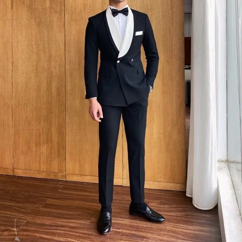 

2 Pieces Men Suit Black Business Blazer Pants One Button Gentle Fashion Wedding Groom Work Wear Party Causal Tailored