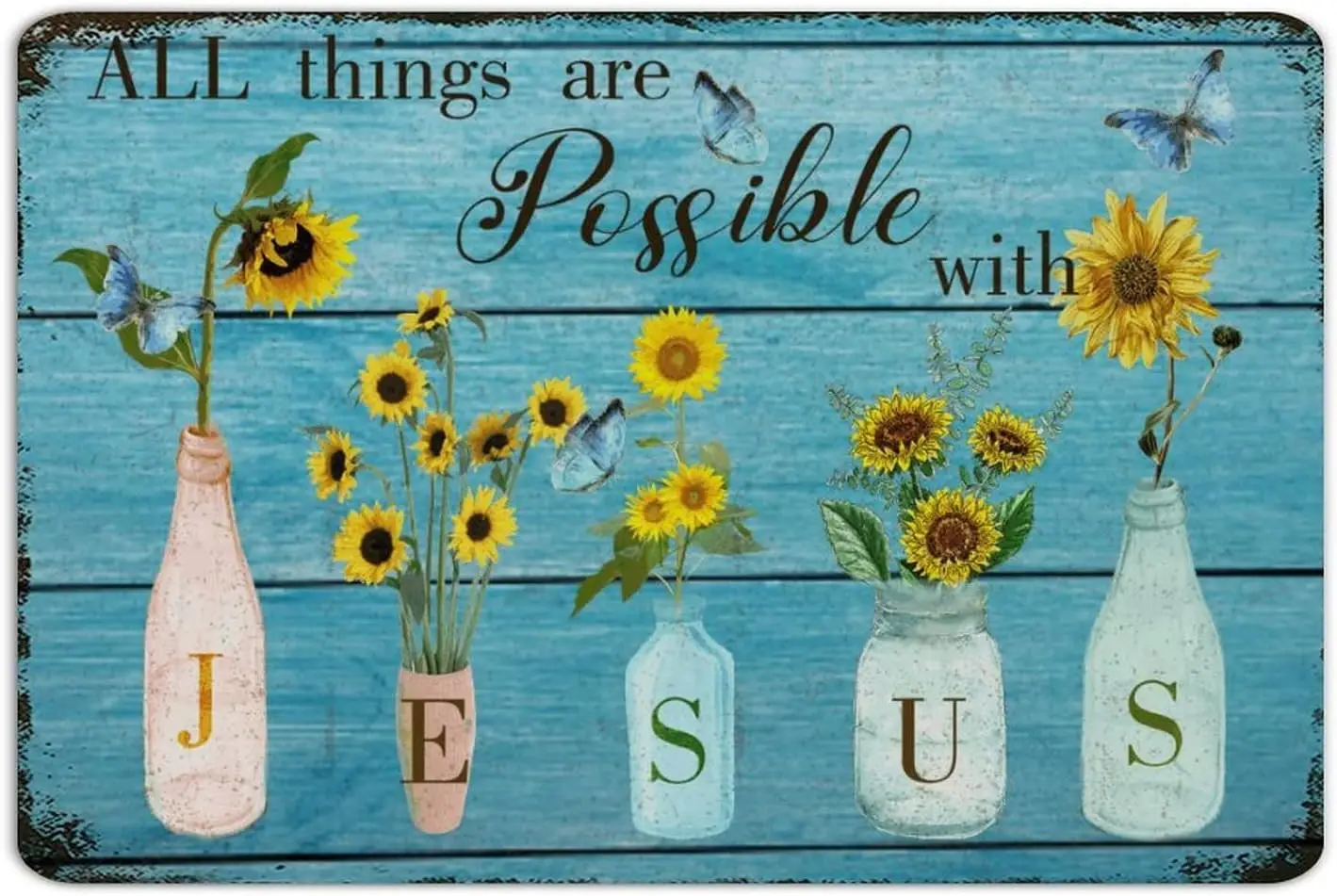 All Things Are Possible with Jesus Metal Tin Sign Farmhouse Fence Garage Dorm Room Decor for Men Metal Tin Sign Scripture Floral