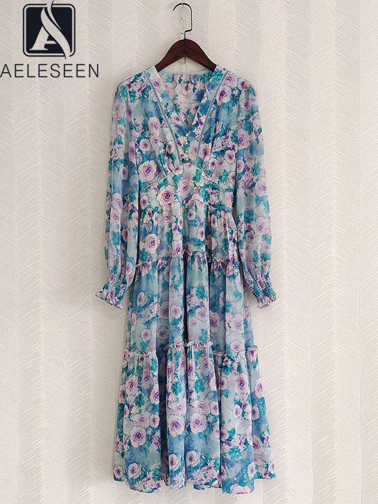 

AELESEEN Women Bohemian Long Dress Spring Summer V-Neck Blue Yellow Flower Print Lantern Sleeve Elegant Party Vacatiion