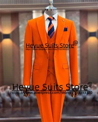 Bright-colored Orange Elegant Men Suits Slim Fit Custome Groom Wedding Tuxedos 3 Pieces Sets Luxuly Male Blazer Costume Homme