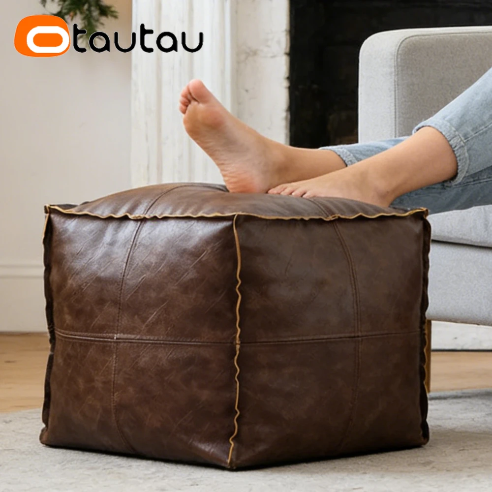 OTAUTAU Retro-Sitzsack aus Kunstleder, Ottomane-Bezug, Aufbewahrung, Fußhocker, Hocker JD037, ohne Füllstoff innen! Kaufen Sie den Füllstoff selbst!】