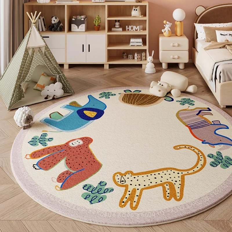 

Cute Round Living Room Carpet Fun Cartoon Animal Print Bedroom Fluffy Bedside Rug Fashion Simple Soft Coffee Table Mats Tapis 러그