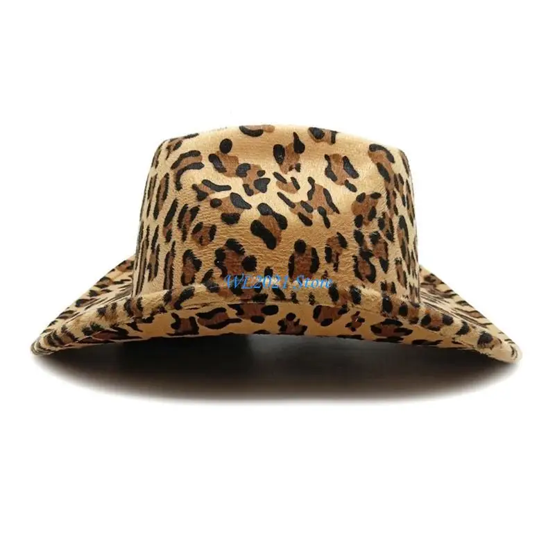 

G5GC Elegant Roll Brims Top Hat with Leopard Pattern Wide Brims Hat for Cosplay Party