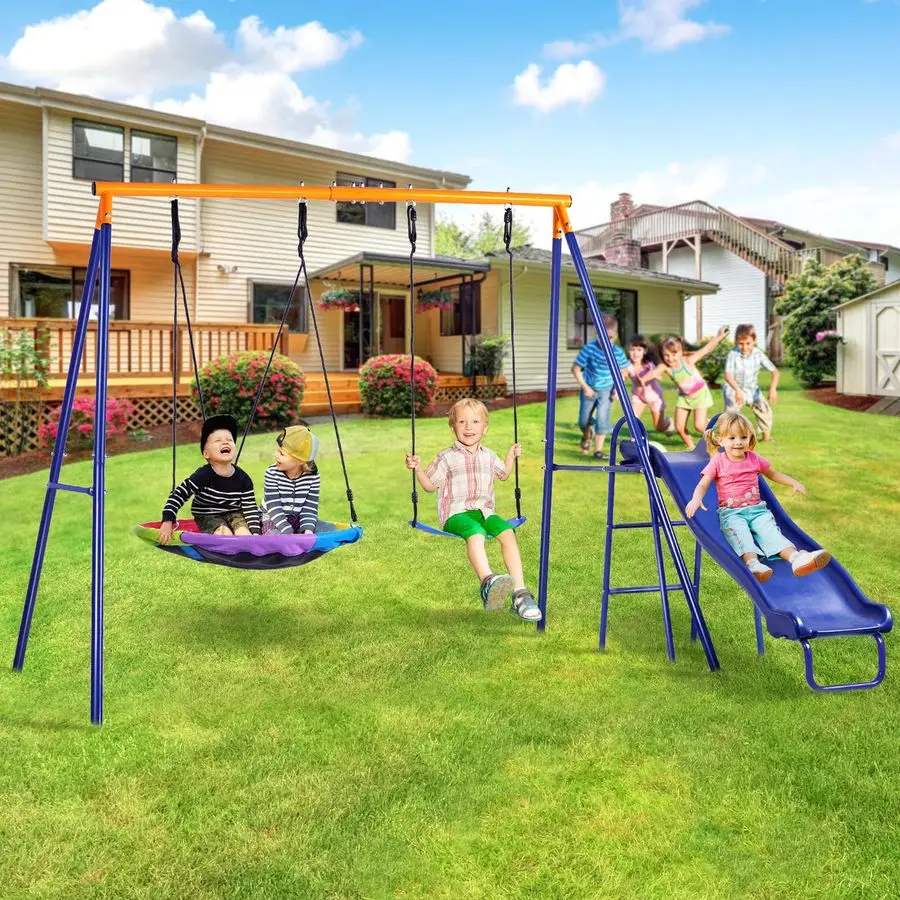 

Swing Set for Backyard with Kids Slide 440lbs HeavyDuty Metal AFrame 1 Saucer Swing Seat 1 Swings Seat amp 1 Slide