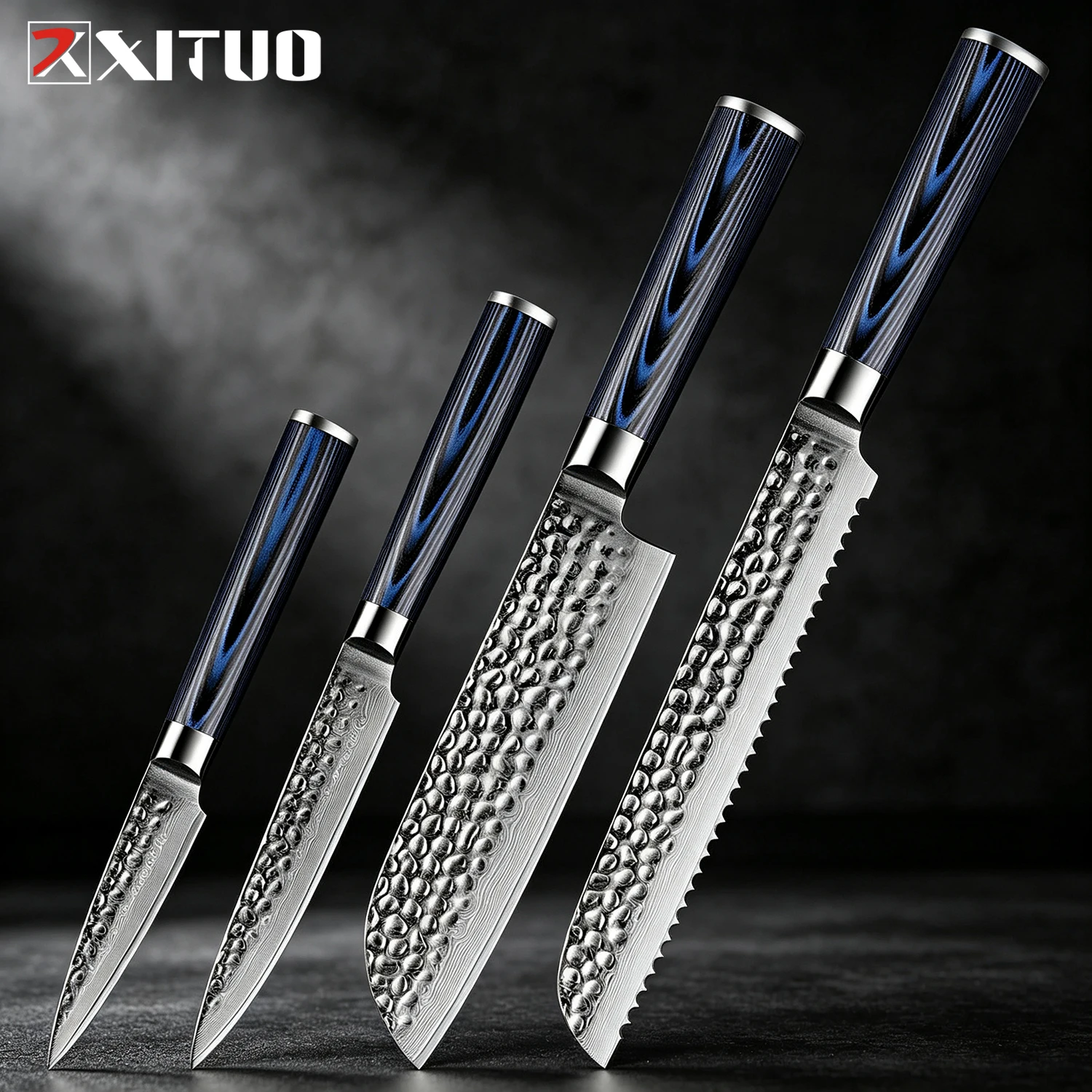 XITUO Hammered Forged 1-4PCS Kitchen Knives, Japanese Damascus Steel Cooking Knives Include: Bread,Santoku,Utility, Fruit Knife
