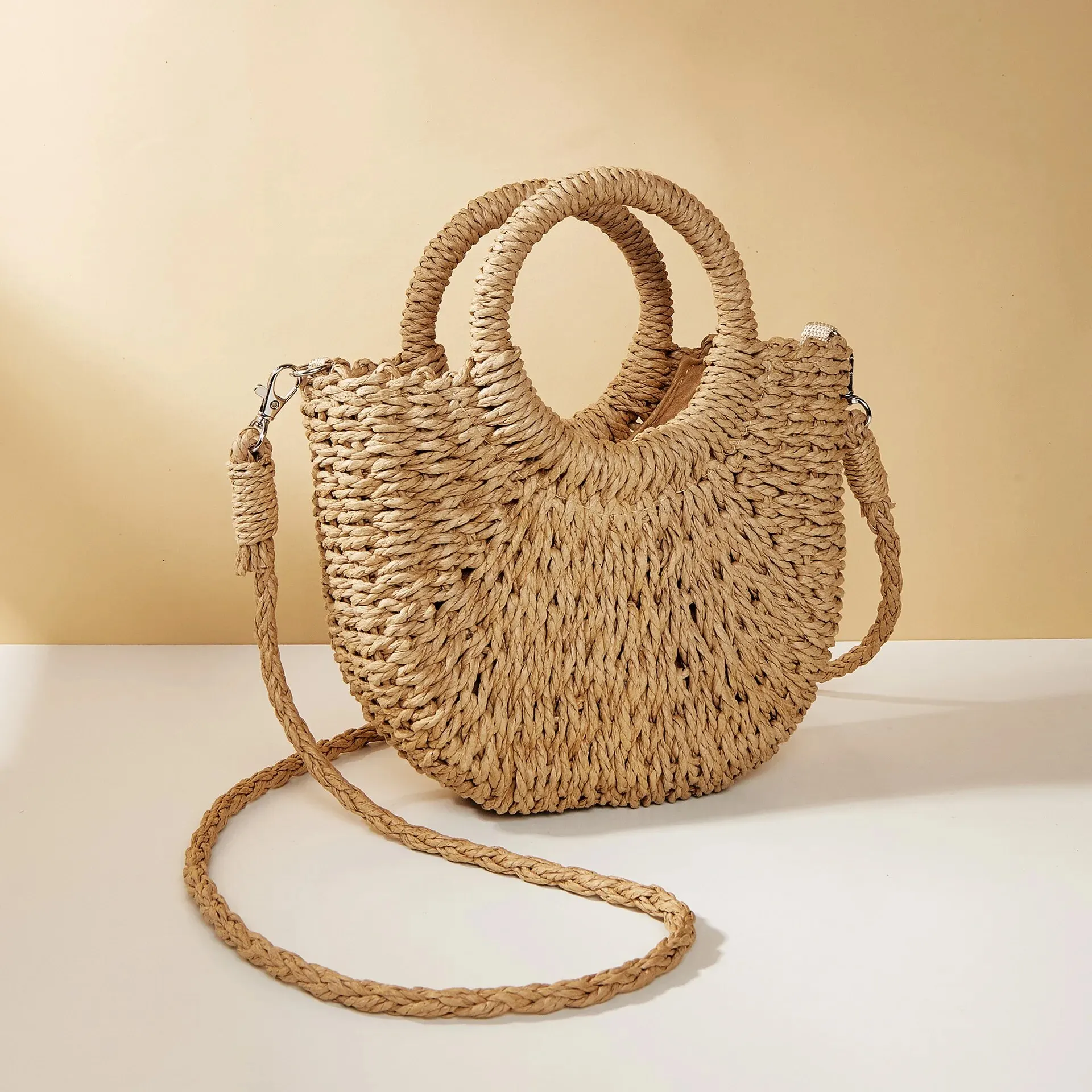 2026 NEW Summer Women Handmade Weave Straw Rattan Half-Moon Beach Handbag Large Capacity Hollow Crossbody Shoulder Bag