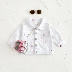 Spring Baby Clothes Children's Denim Jacket Flower Embroidery Stylish Fall Korean Girl's Denim Jacket Casual Loose Coat Cardigan