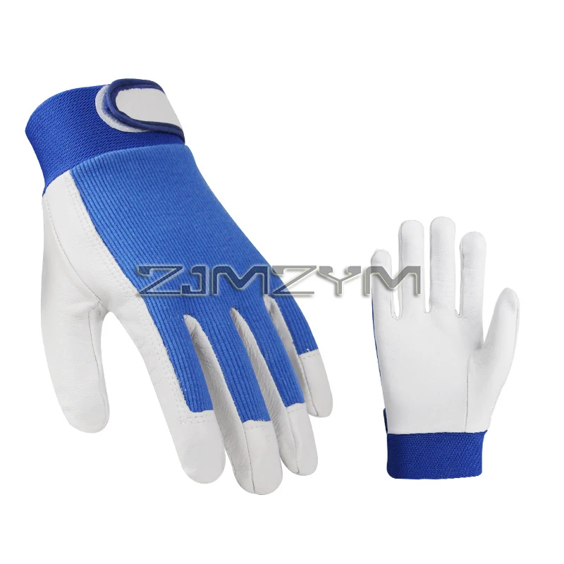 Goatskin TIG Welding Gloves with Elastic Wrist Cuff, Heavy-Duty Goatskin Working Gloves, Nylon Stretch Back, Blue/ Red