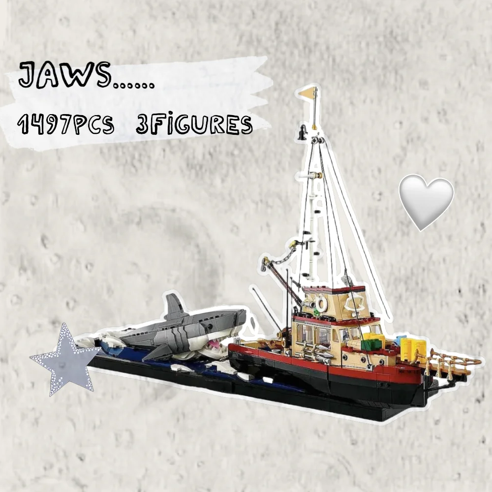 2025Neue Ideen Jaws Diorama Boot Hai Piratenschiff Bausteine Ziegel Fischerboot Modell Ziegel