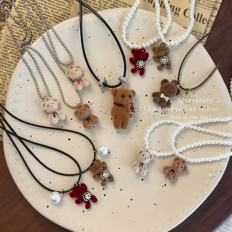 Flocked Cartoon Bear Pendant Necklace Light Luxury Niche Collarbone Chain Premium Versatile Sweater Jewelry for Women