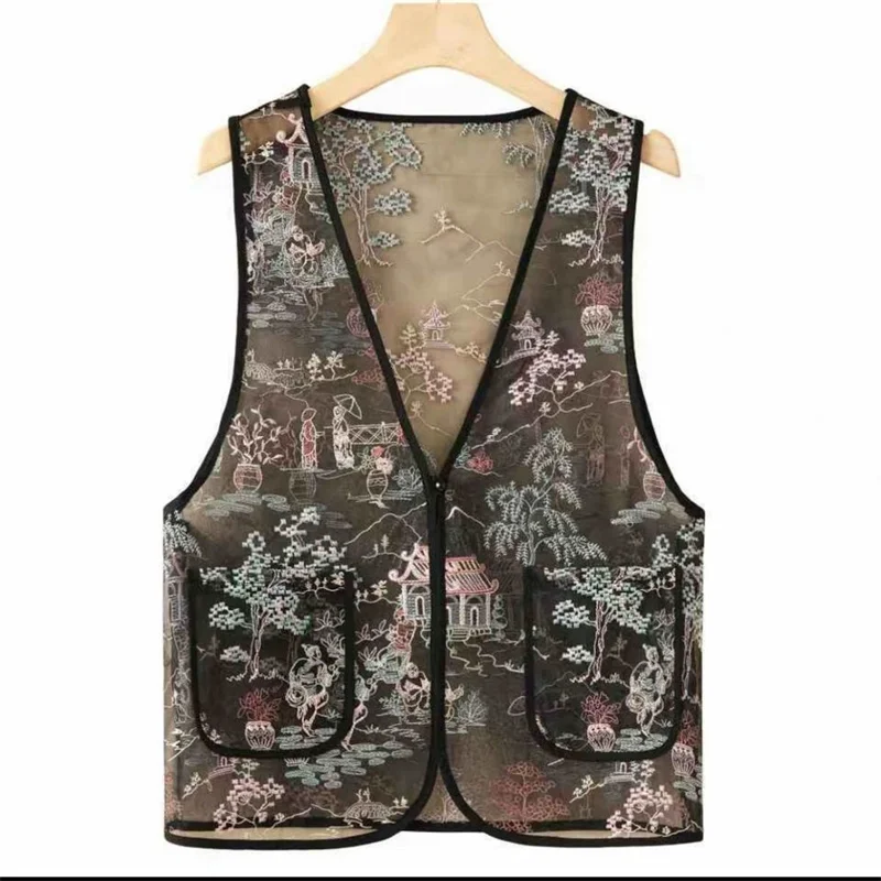 Women Coat Spring and Summer Fashion Design Vest Coat Chinese Style Embroidered V-neck Sleeveless Beautiful Cardigan Vest Coat