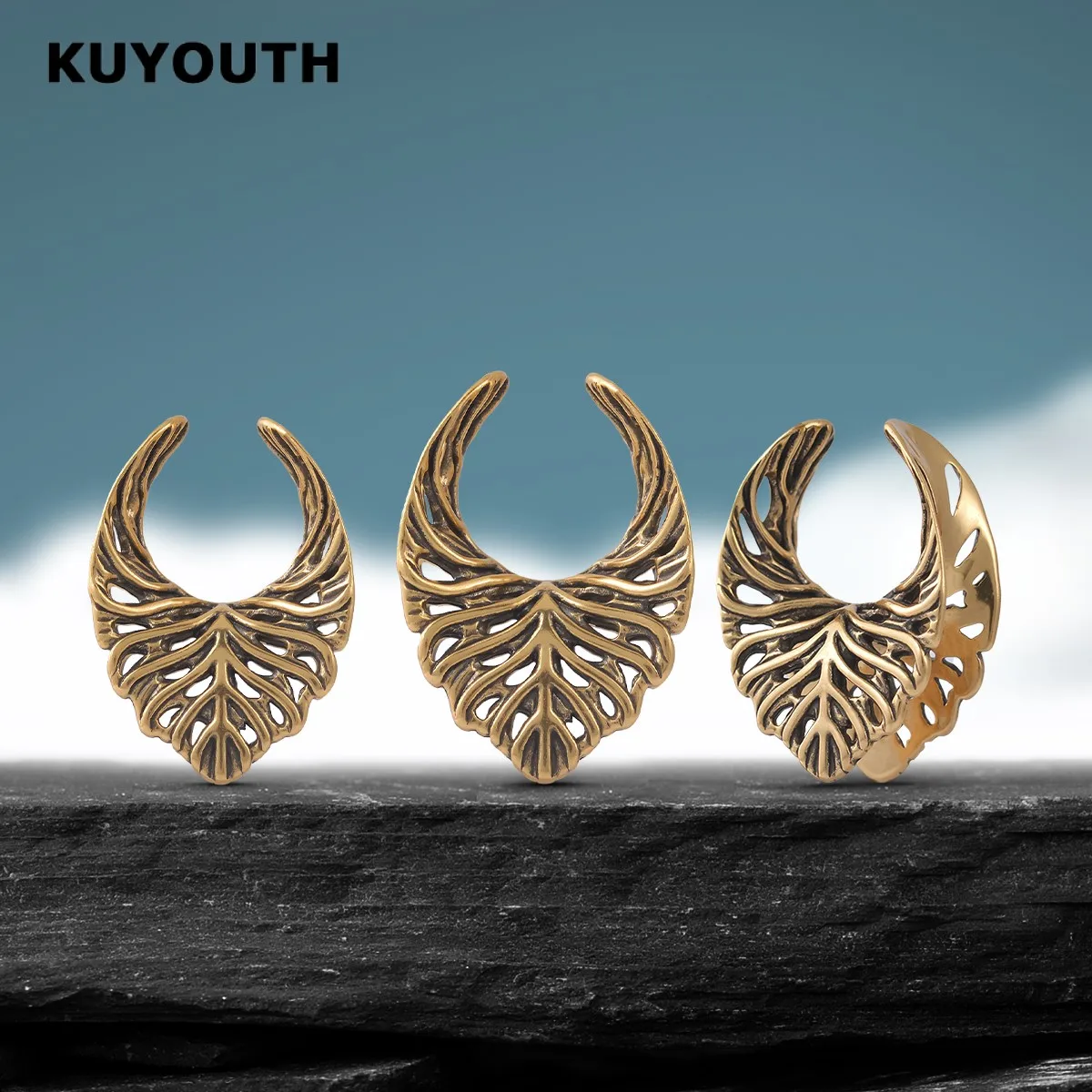 � KUYOUTH Blattförmige Ohr-Tunnel, Hohle Dehner, Sattel-Expander, Piercing-Schmuck, Ohrringe aus Kupfer, 2 Stück – Detail 6