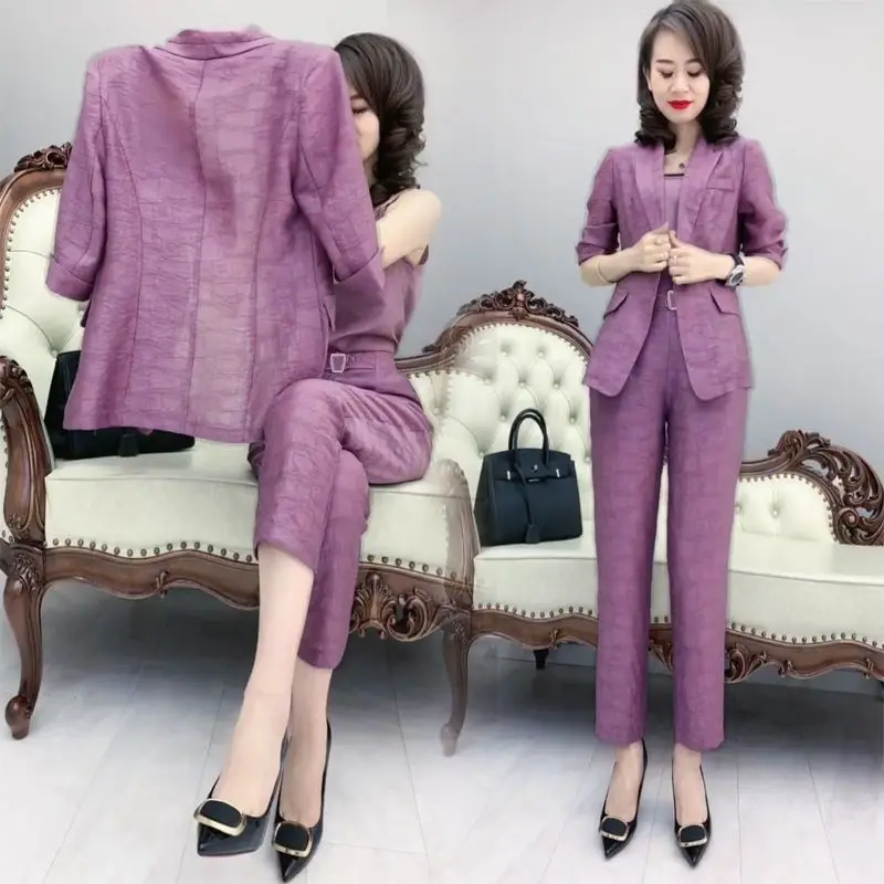 Internet Celebrity Temperament Suit for Women's Summer New Korean Version Slimming Suit+suspender Harlan Pants Three Piece Set